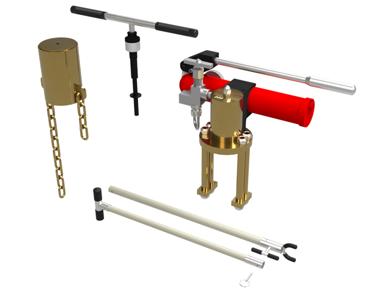 image of a variety of tools and devices made by do it american mfg - a valve lockbox with chains for strapping around a large valve - a tee-handle hex wrench with a ratcheting mechanism for driving saddle fusing tee cutters - an inaccessible valve wrench for safely operating appliance valves that are not ready accessible (shown disassembled for storage) - a hydraulic hot squeeze tool for squeezing steel pipe to shut off gas flow when a valve is not available