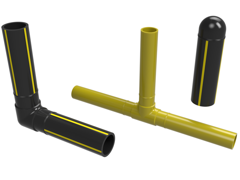 image of molded fusion polyethylene butt fusion fittings with extension pups factory fused on - PE 4710 elbow with yellow stripe pipe, PE 2708 tee with yellow pipe, and PE 4710 end cap with yellow stripe pipe