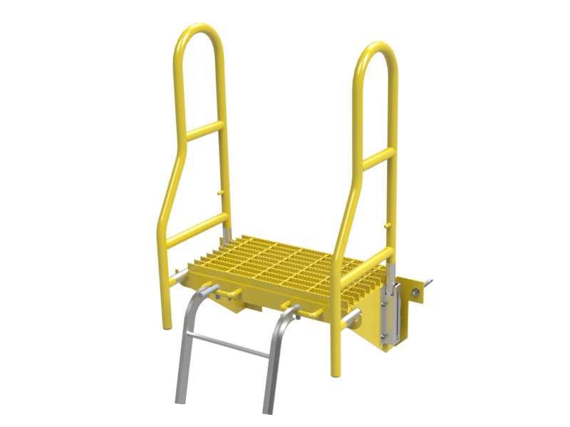 image of the DIA utility vault ladder safety platform in a standalone condition - no vault or vault walls are present, just the platform with the handles engaged and a small portion of a ladder displayed